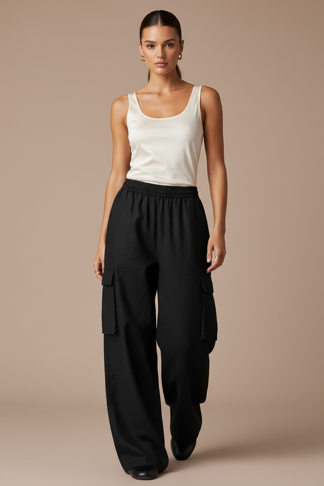 Pantalon Baggy Noir Ample Cargo Taille Haute Femme - Lin