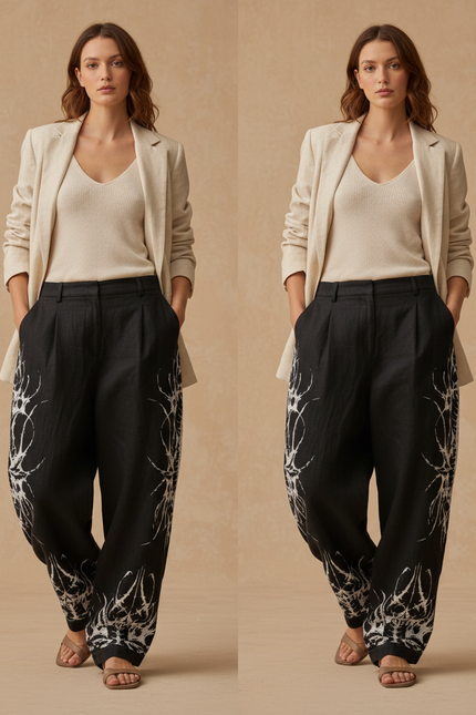 Pantalon Baggy Noir Lin Ample Imprimé Tribal Femme