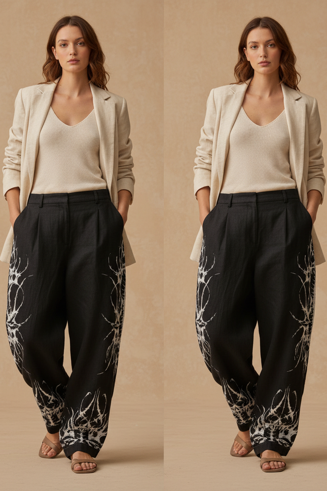 Pantalon Baggy Noir Lin Ample Imprimé Tribal Femme