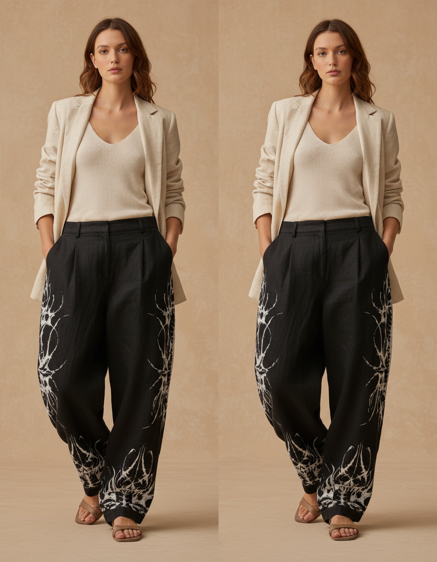 Pantalon Baggy Noir Lin Ample Imprimé Tribal Femme