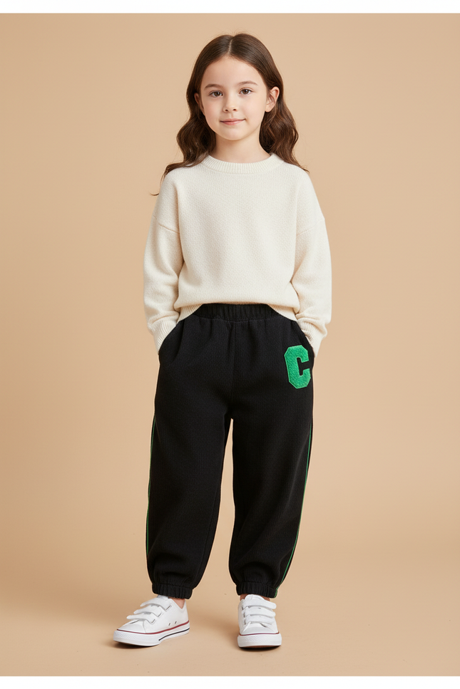 Pantalon Baggy Noir Côtelé Ample Lettre Vert Enfant - Cordé