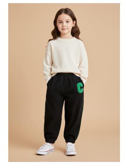 Pantalon Baggy Noir Côtelé Ample Lettre Vert Enfant - Cordé