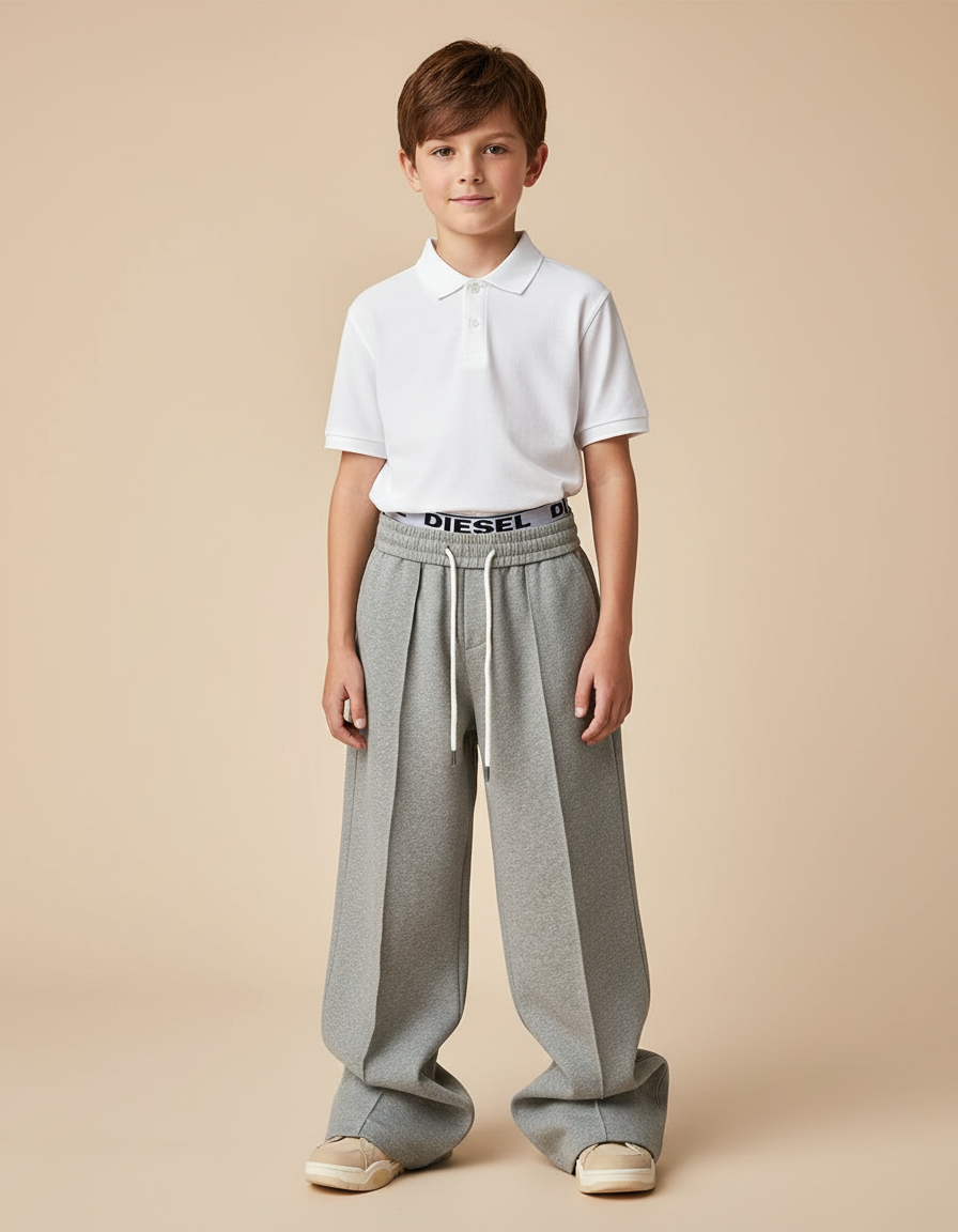 Pantalon Baggy Gris Plissé Cordon Ample Enfant - Molleton
