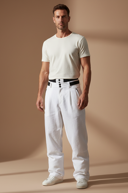 Pantalon Baggy Blanc Lin Large Plissé Chic Homme