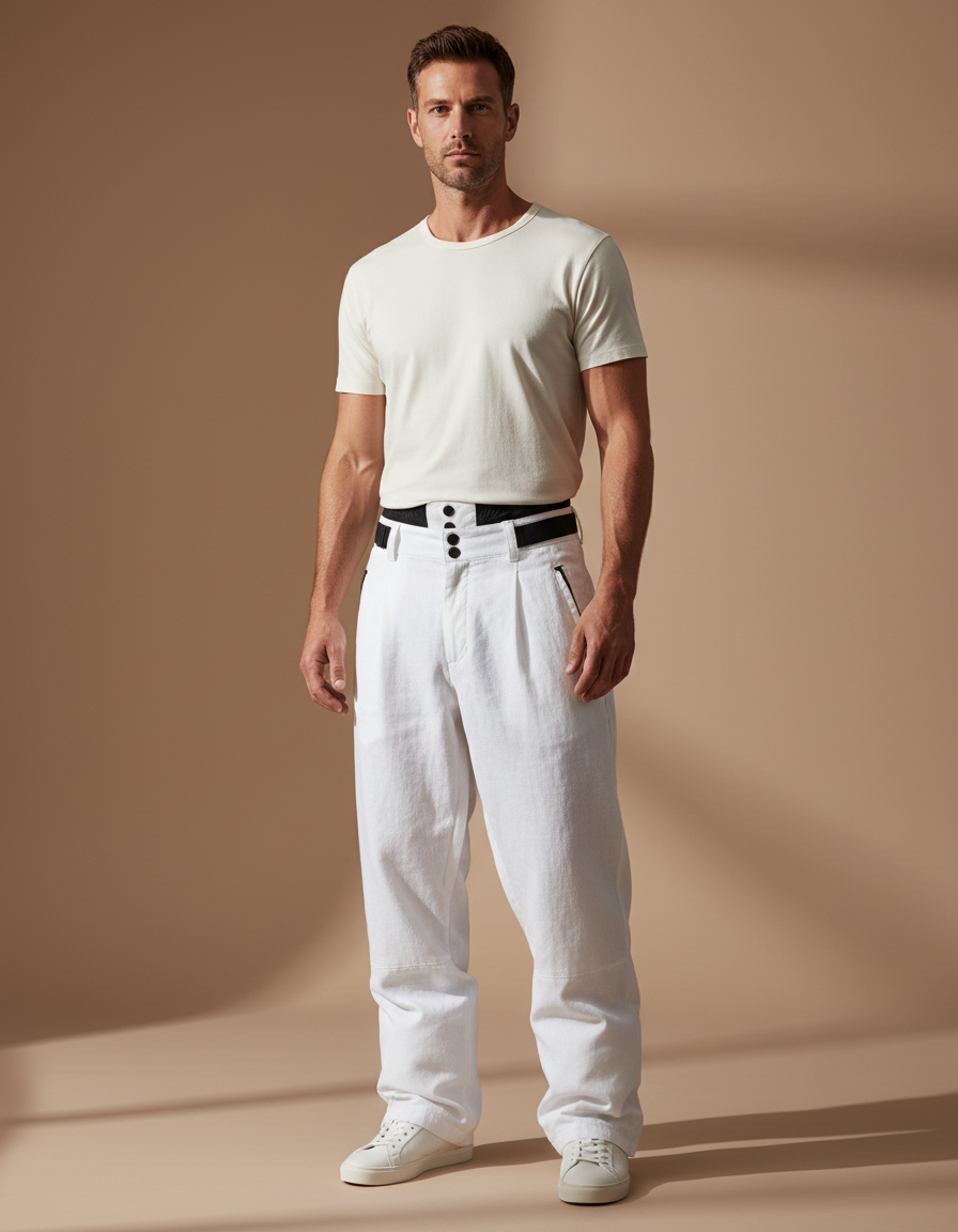 Pantalon Baggy Blanc Lin Large Plissé Chic Homme