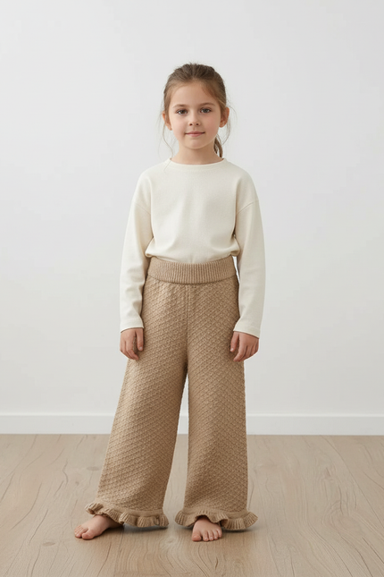 Pantalon Baggy Marron Tricoté Ample Texturé Fille - Maille