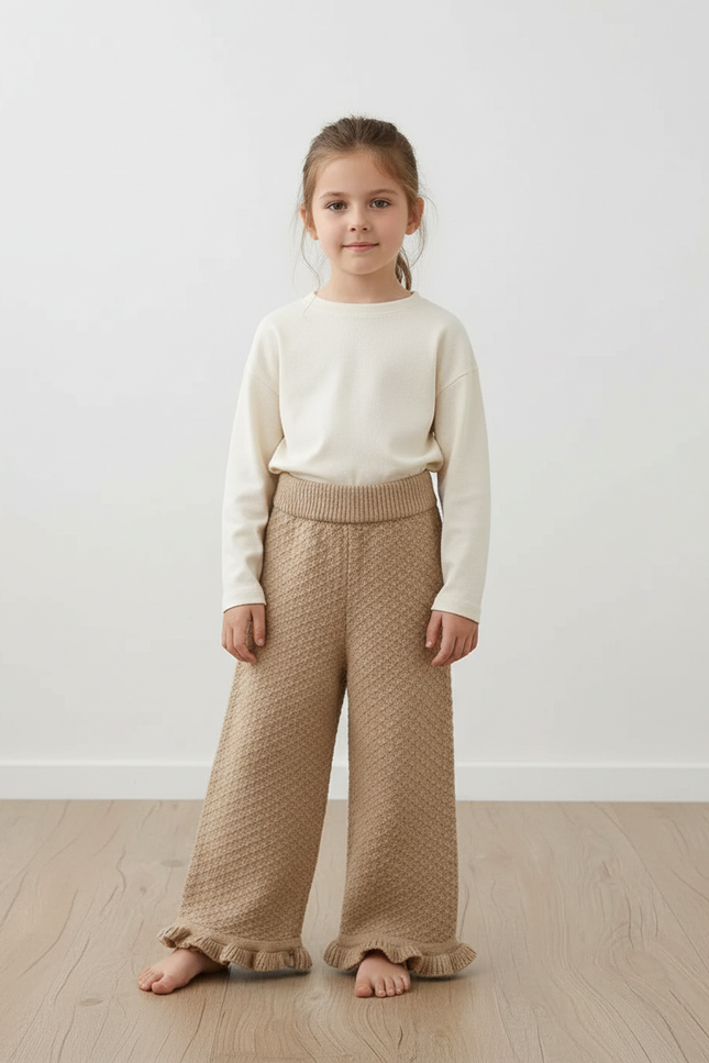 Pantalon Baggy Marron Tricoté Ample Texturé Fille - Maille