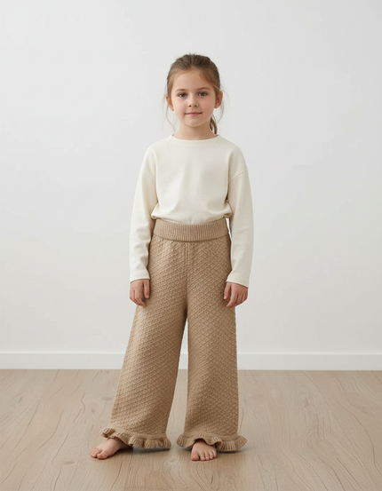 Pantalon Baggy Marron Tricoté Ample Texturé Fille - Maille