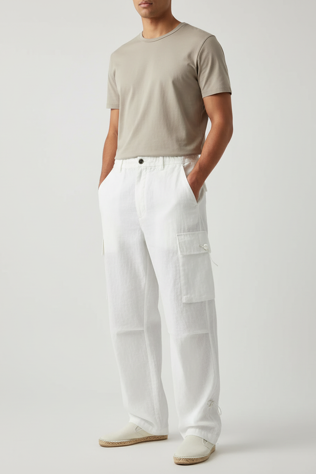 Pantalon Baggy Blanc Lin Cargo Ample Décontracté