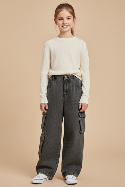 Pantalon Baggy Denim Gris Cargo Ample Enfant - Jean
