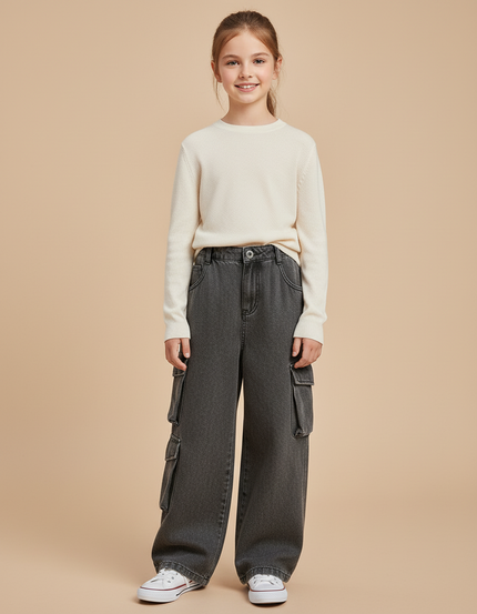 Pantalon Baggy Denim Gris Cargo Ample Enfant - Jean