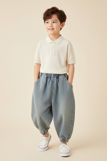 Pantalon Baggy Jean Ample Délavé Enfant Décontracté - Bleu