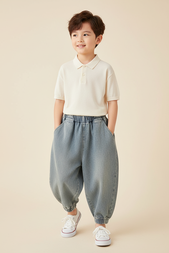 Pantalon Baggy Jean Ample Délavé Enfant Décontracté - Bleu