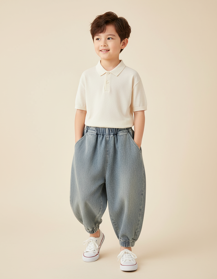 Pantalon Baggy Jean Ample Délavé Enfant Décontracté - Bleu