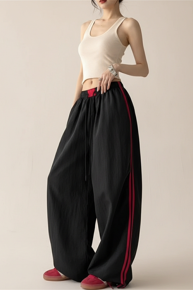 Pantalon Baggy Noir Rayures Rouges Ample Cordon - Coton