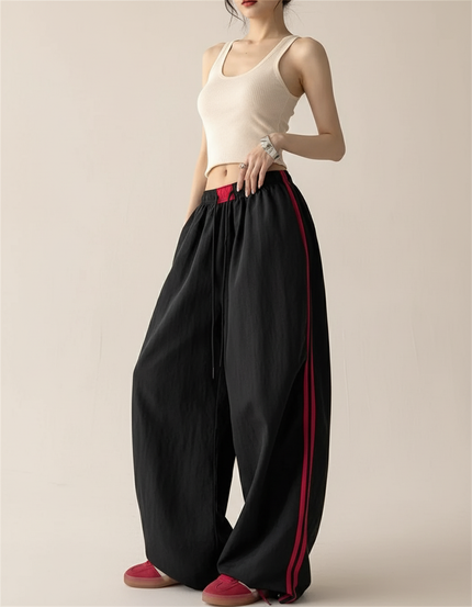 Pantalon Baggy Noir Rayures Rouges Ample Cordon - Coton