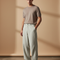 Pantalon Baggy Homme Gris Clair Ample Décontracté Fluide - Lin