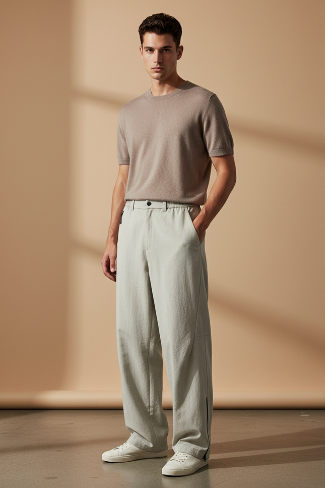 Pantalon Baggy Homme Gris Clair Ample Décontracté Fluide - Lin