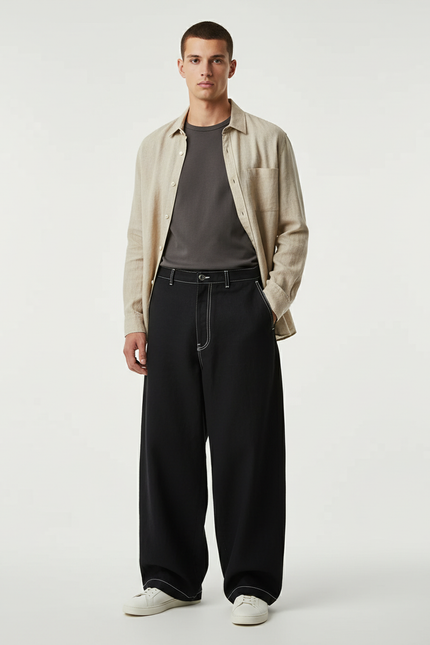 Pantalon Baggy Noir Ample Surpiqué Décontracté Homme - Toile