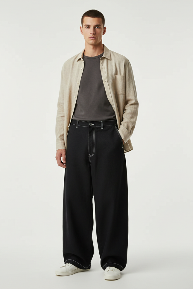 Pantalon Baggy Noir Ample Surpiqué Décontracté Homme - Toile