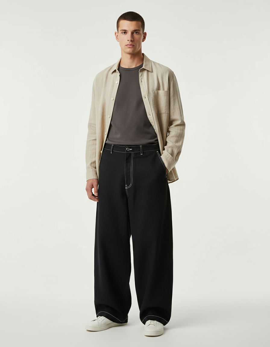 Pantalon Baggy Noir Ample Surpiqué Décontracté Homme - Toile