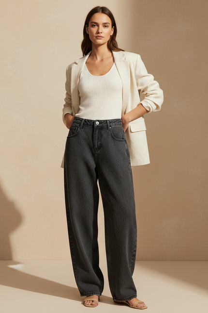 Pantalon Baggy Jean Gris Ample Décontracté Femme