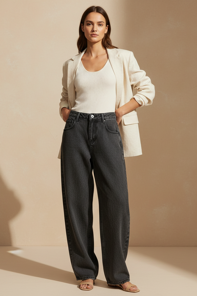 Pantalon Baggy Jean Gris Ample Décontracté Femme