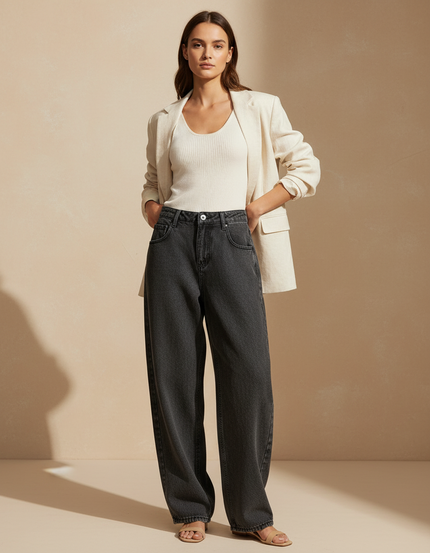 Pantalon Baggy Jean Gris Ample Décontracté Femme