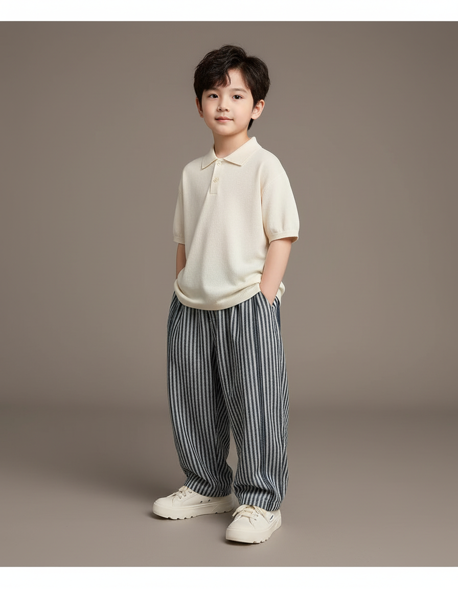 Pantalon Baggy Rayé Bleu Ample Décontracté Garçon - Coton
