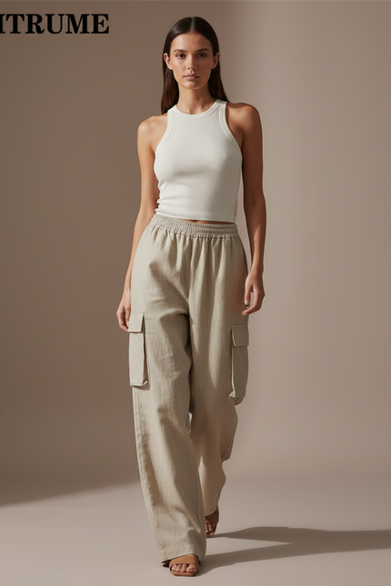 Pantalon Baggy Beige Lin Ample Cargo Taille Élastique Femme