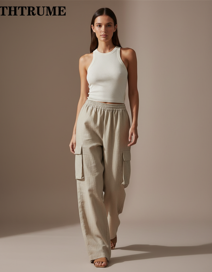 Pantalon Baggy Beige Lin Ample Cargo Taille Élastique Femme