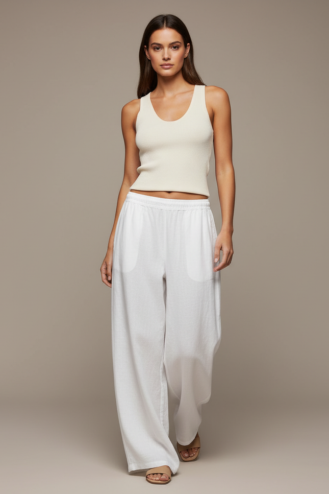 Pantalon Baggy Blanc Lin Fluide Décontracté Femme