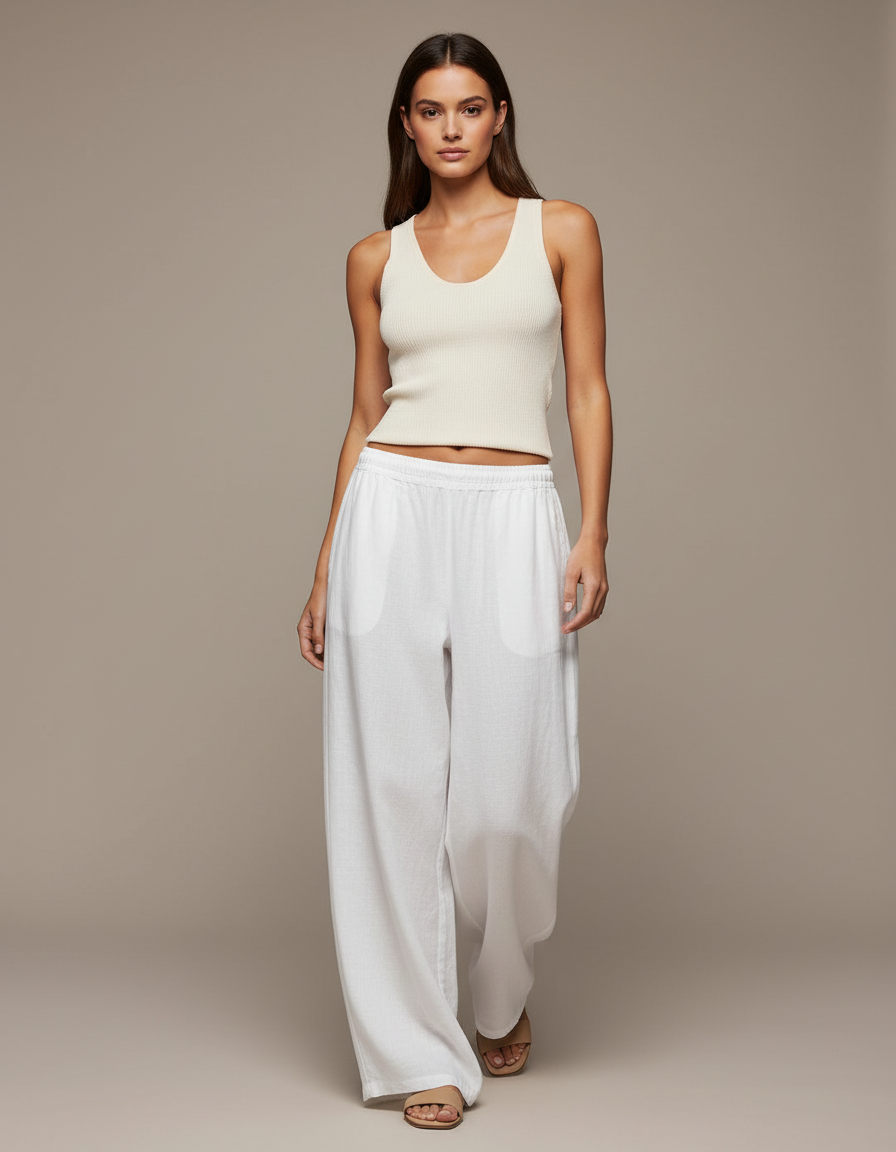 Pantalon Baggy Blanc Lin Fluide Décontracté Femme