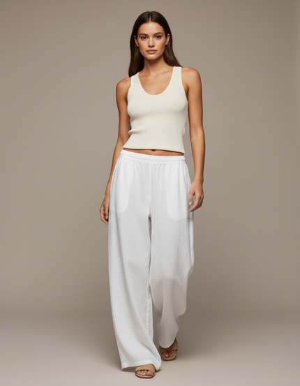Pantalon Baggy Blanc Lin Fluide Décontracté Femme