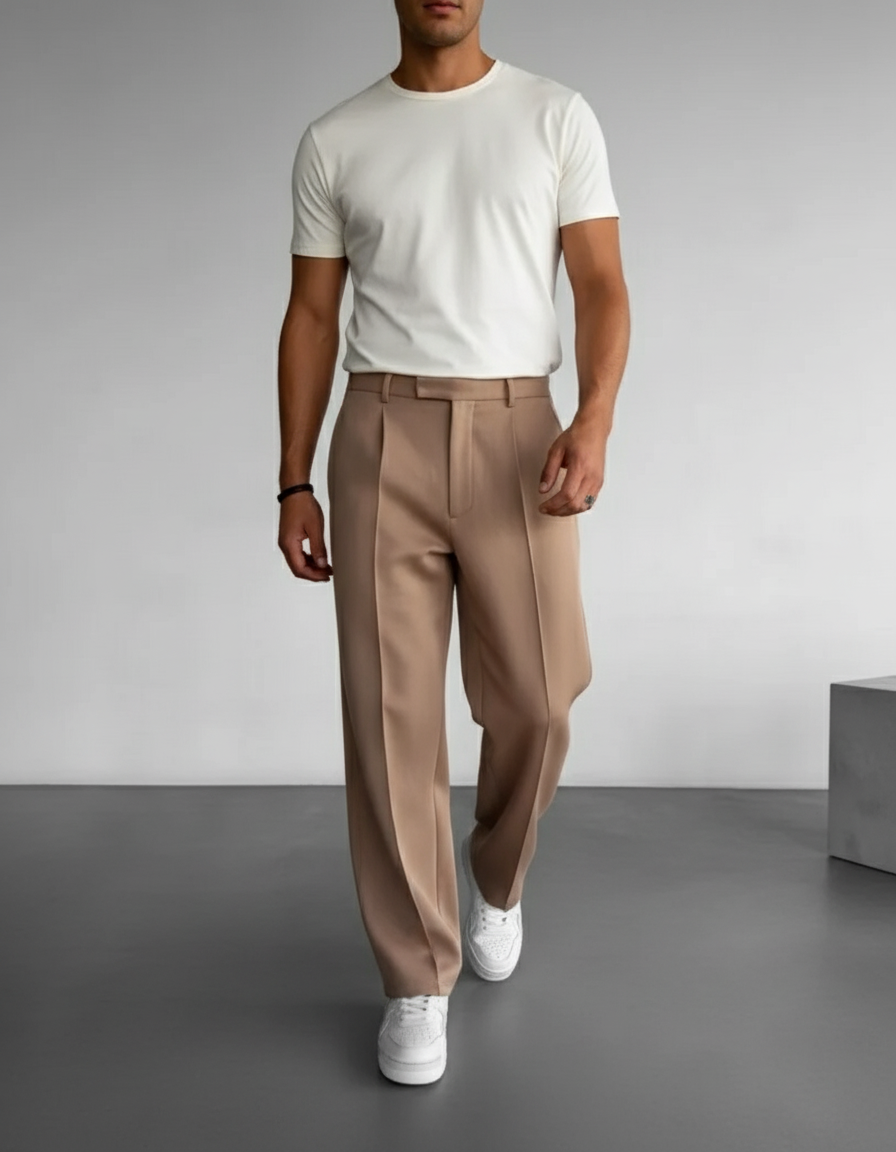 Pantalon Baggy Beige Ample Plissé Confort Homme - Gabardine