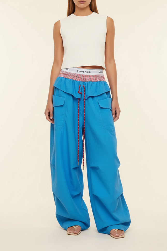 Pantalon Baggy Bleu Cargo Ample Fluide Cordon - Coton