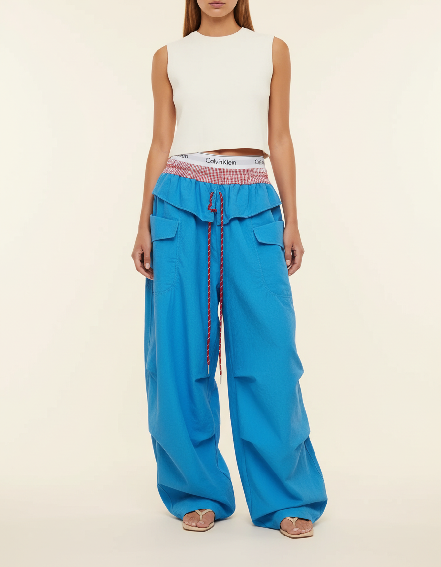 Pantalon Baggy Bleu Cargo Ample Fluide Cordon - Coton
