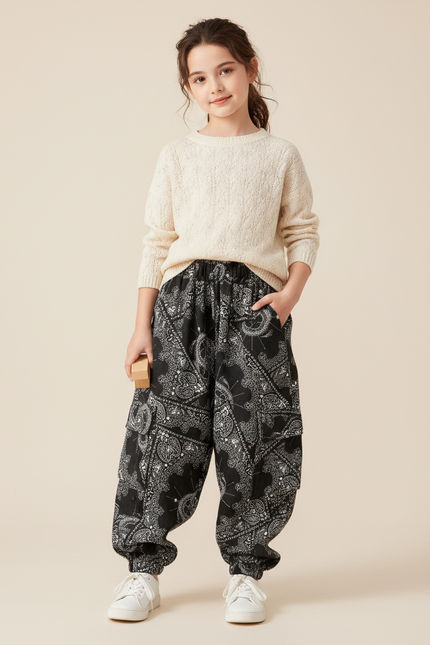 Pantalon Baggy Noir Paisley Ample Cargo Enfant - Coton