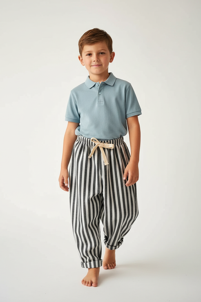 Pantalon Baggy Rayé Lin Coton Ample Enfant - Imprimé