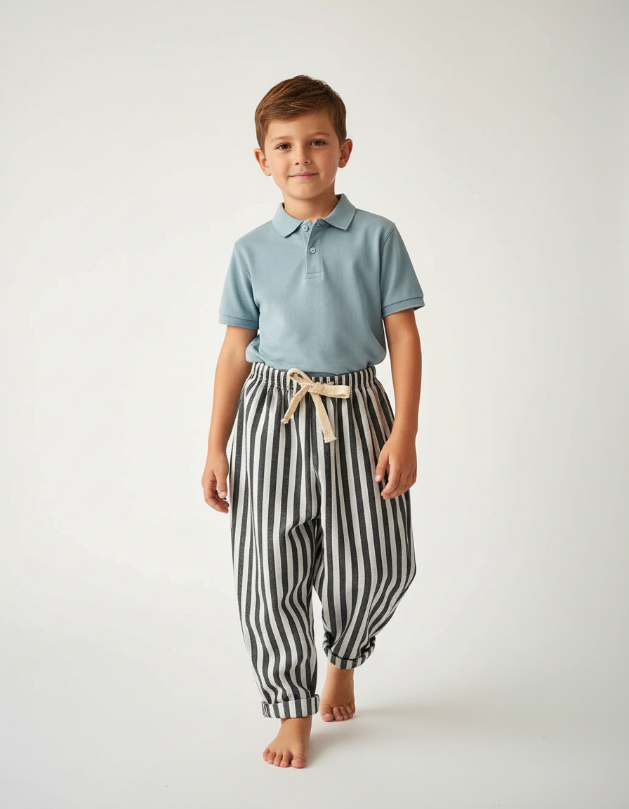 Pantalon Baggy Rayé Lin Coton Ample Enfant - Imprimé