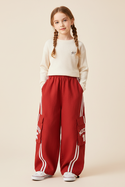 Pantalon Baggy Rouge Cargo Large Coton Lettres Enfants - Molleton