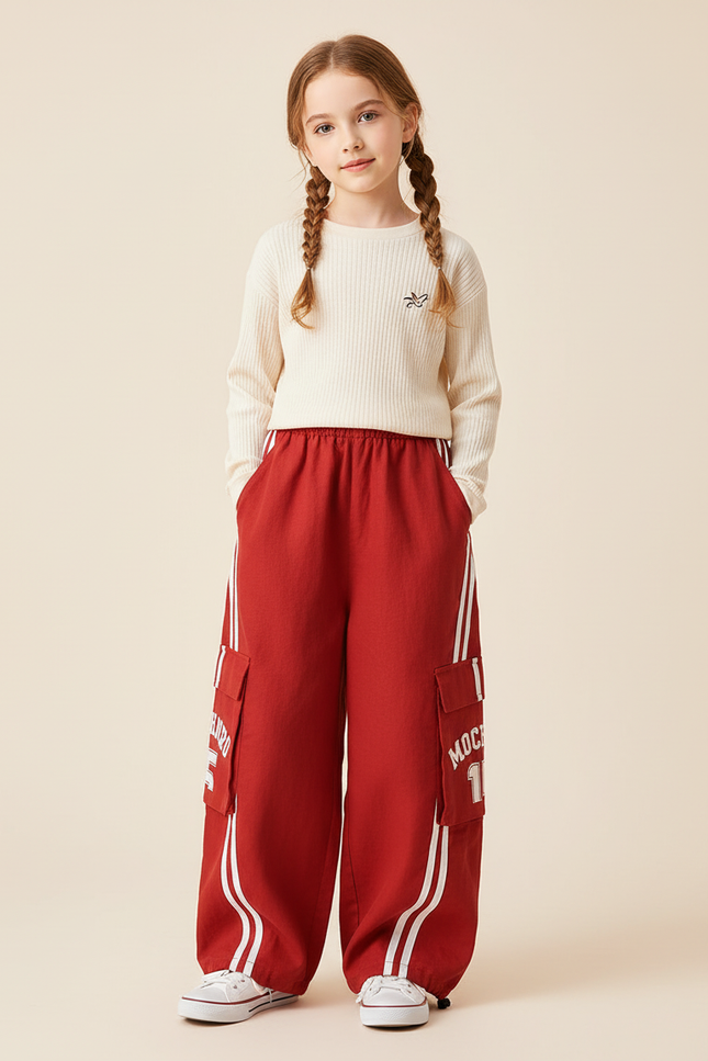 Pantalon Baggy Rouge Cargo Large Coton Lettres Enfants - Molleton