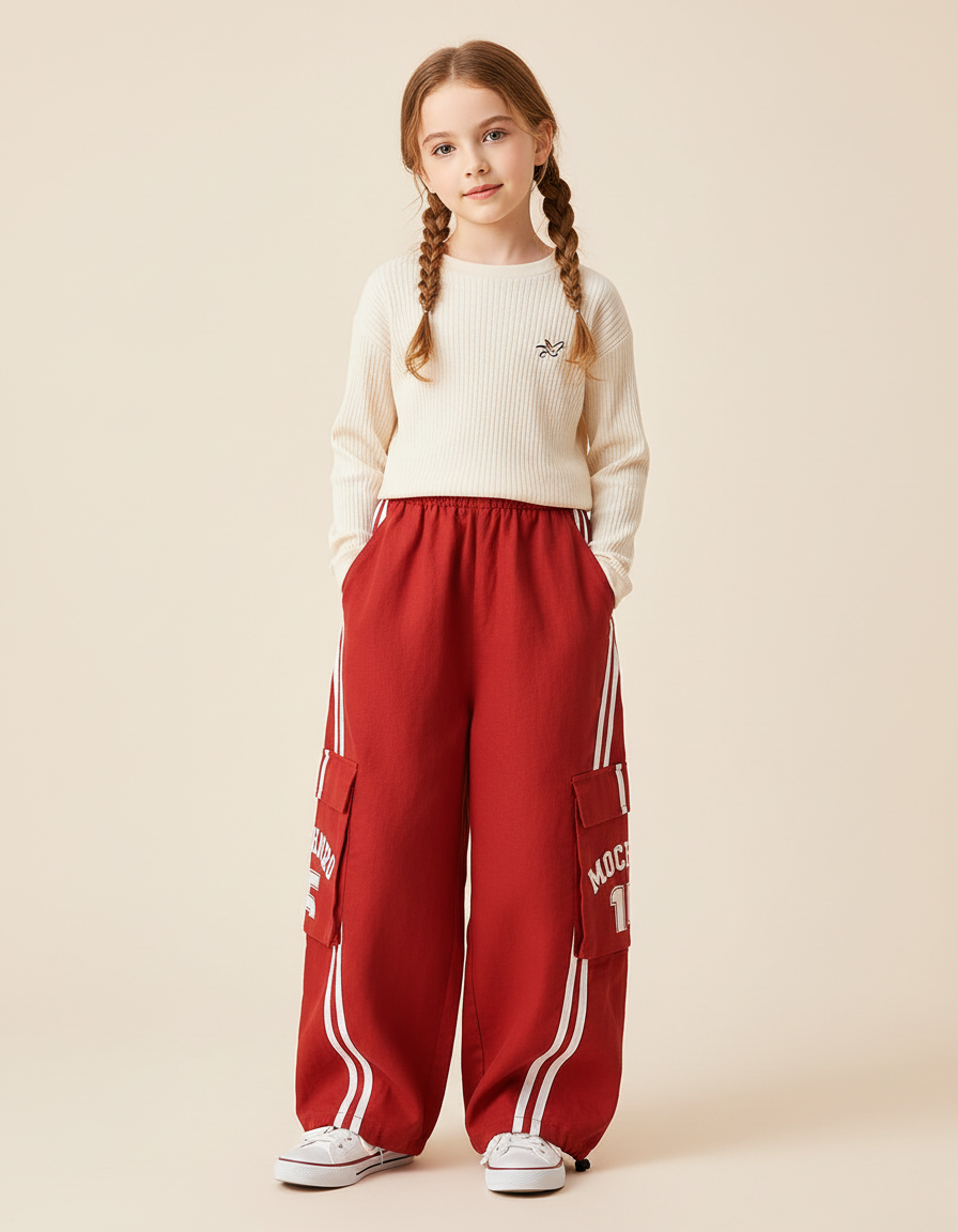 Pantalon Baggy Rouge Cargo Large Coton Lettres Enfants - Molleton