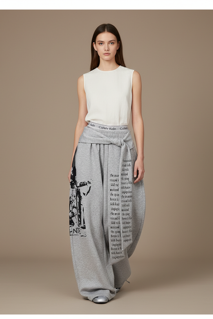 Pantalon Baggy Gris Ample Molleton Imprimé Graphique