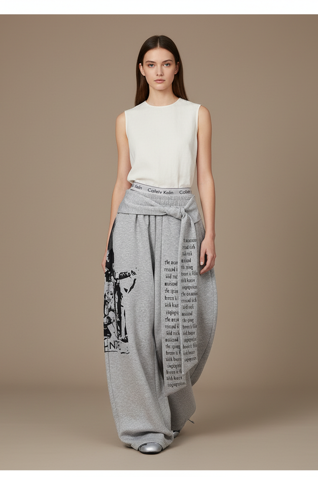 Pantalon Baggy Gris Ample Molleton Imprimé Graphique