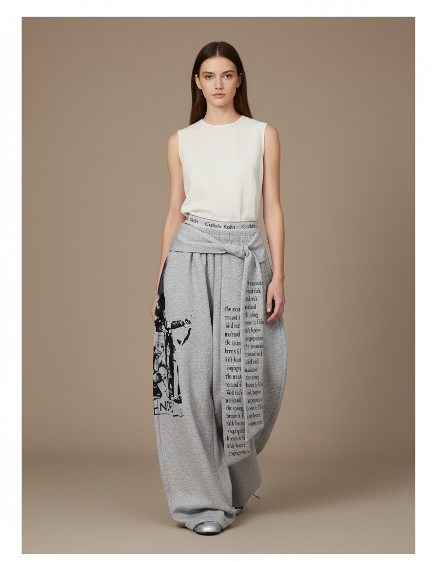 Pantalon Baggy Gris Ample Molleton Imprimé Graphique