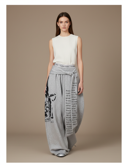 Pantalon Baggy Gris Ample Molleton Imprimé Graphique