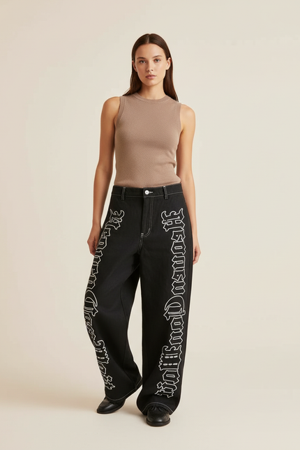 Pantalon Baggy Noir Brodé Large Gothique Femme - Jean