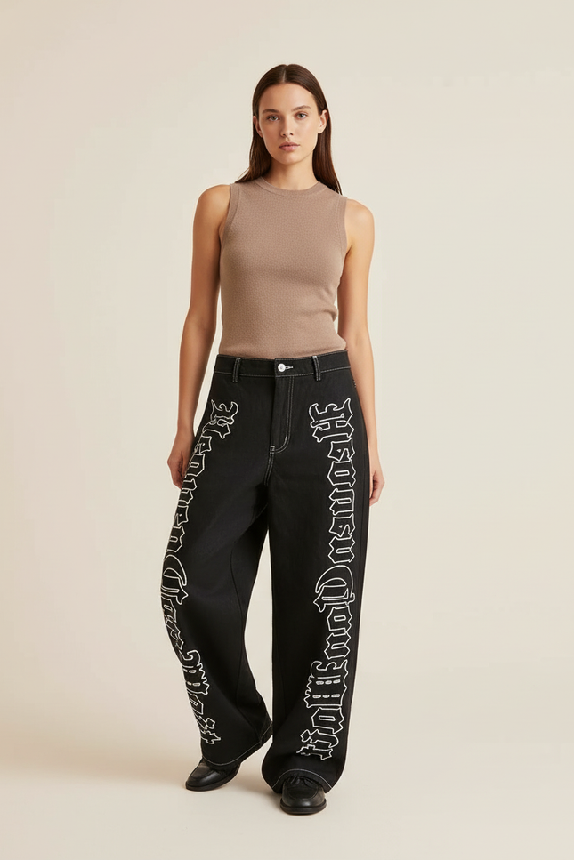 Pantalon Baggy Noir Brodé Large Gothique Femme - Jean
