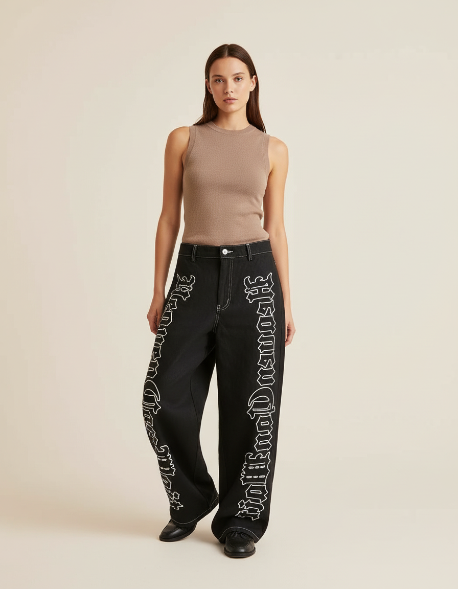 Pantalon Baggy Noir Brodé Large Gothique Femme - Jean